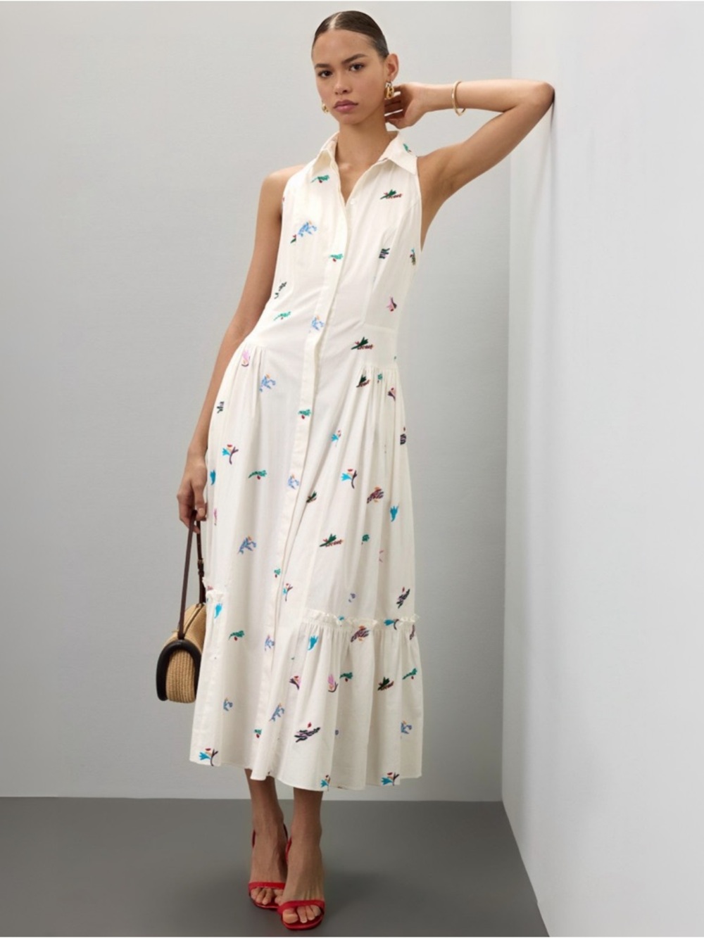 Prabal Gurung Cream Sleeveless Embroidered Midi Shirt Dress Sz 6 MSRP $395